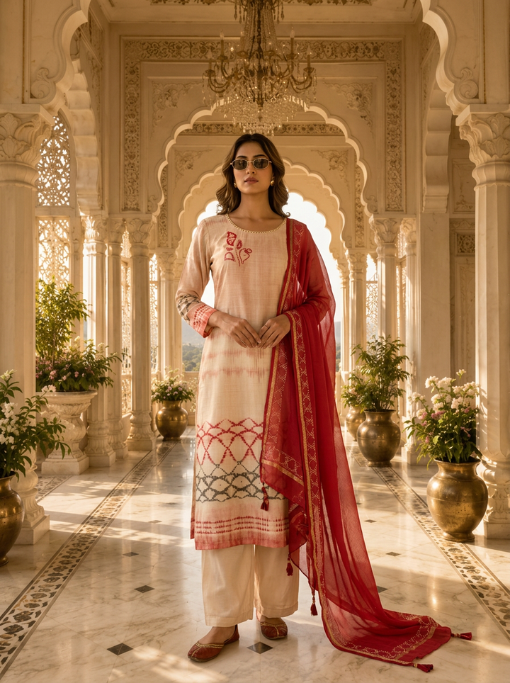 Pink Rayon Coral Lattice Printed Three Piece Set