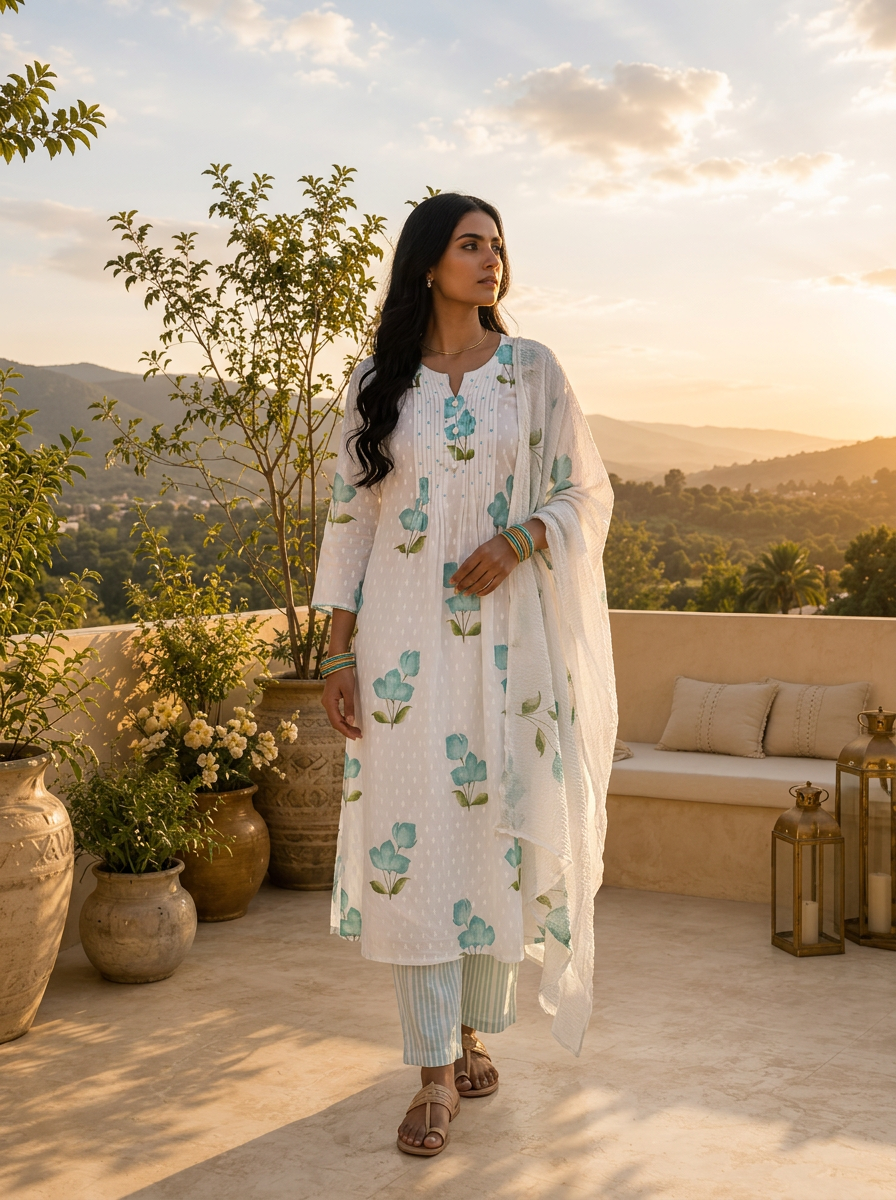 Sea Green Cotton Floral Printed Three Piece Set