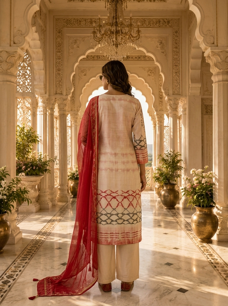 Pink Rayon Coral Lattice Printed Three Piece Set