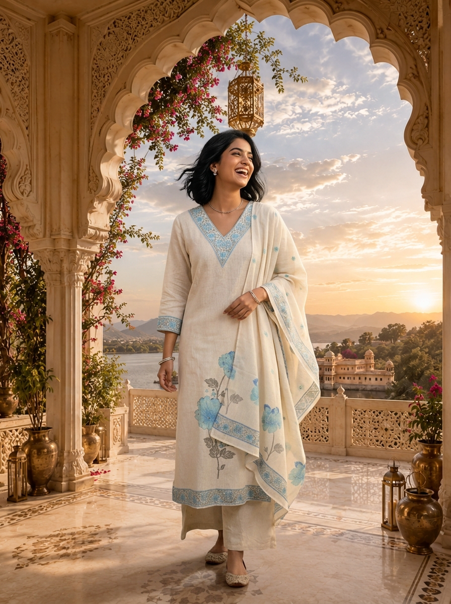 Blue Linen Floral Printed Three Piece Set
