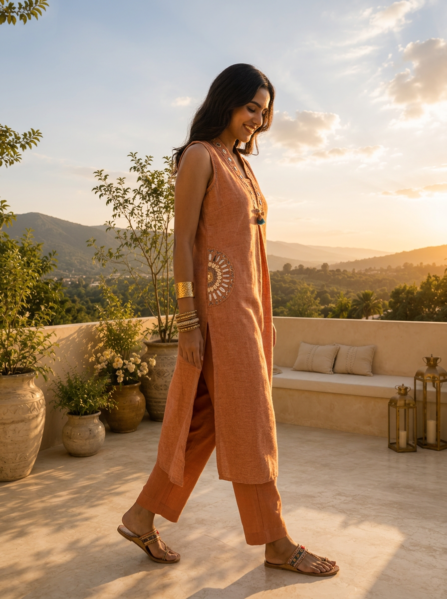Peach Cotton Mirror Embroidery Two Piece Set