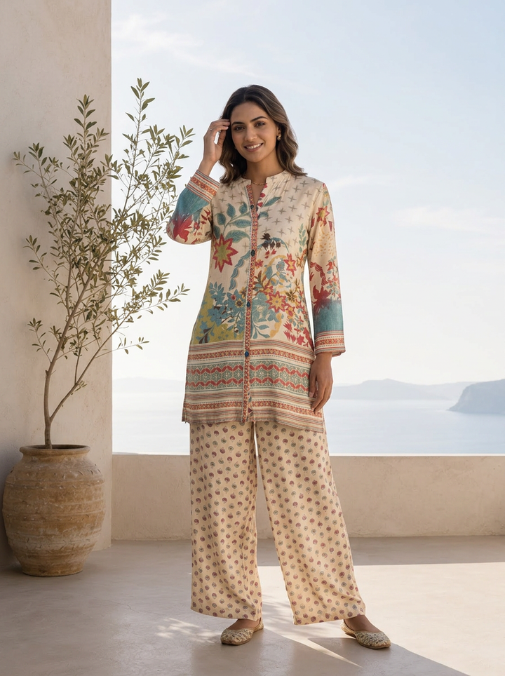 Cream Muslin Heavy Floral Printed Two Piece Set