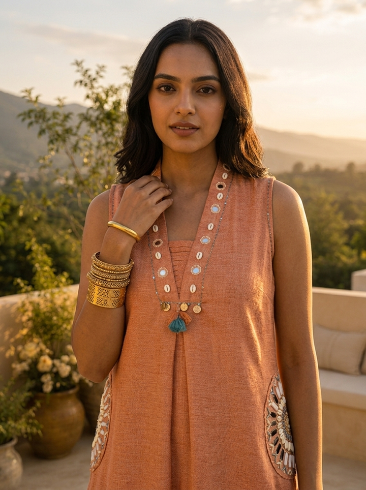 Peach Cotton Mirror Embroidery Two Piece Set