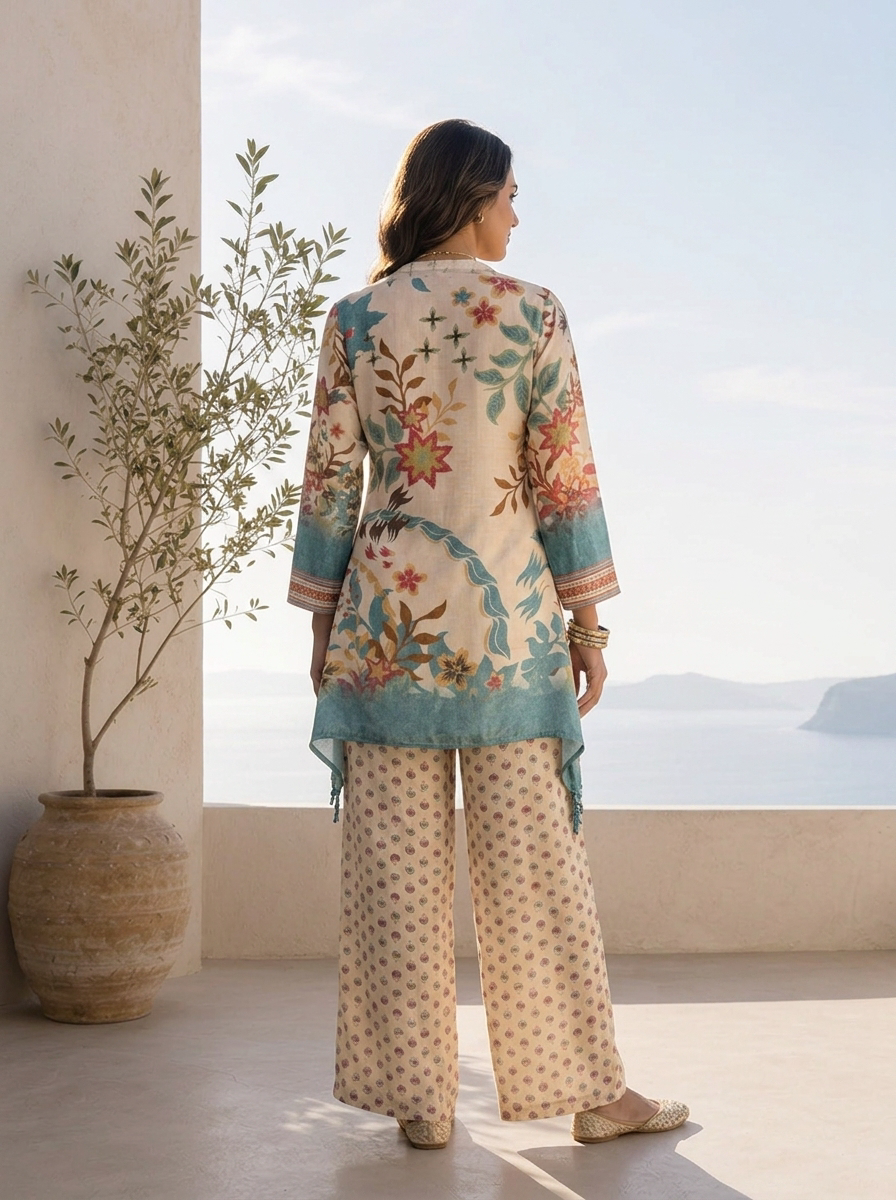 Cream Muslin Heavy Floral Printed Two Piece Set