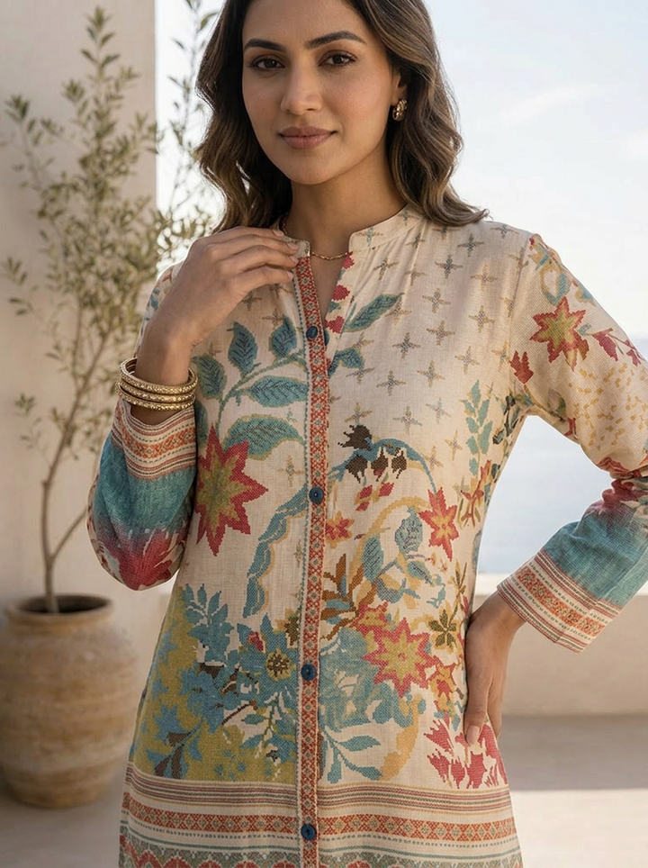 Cream Muslin Heavy Floral Printed Two Piece Set