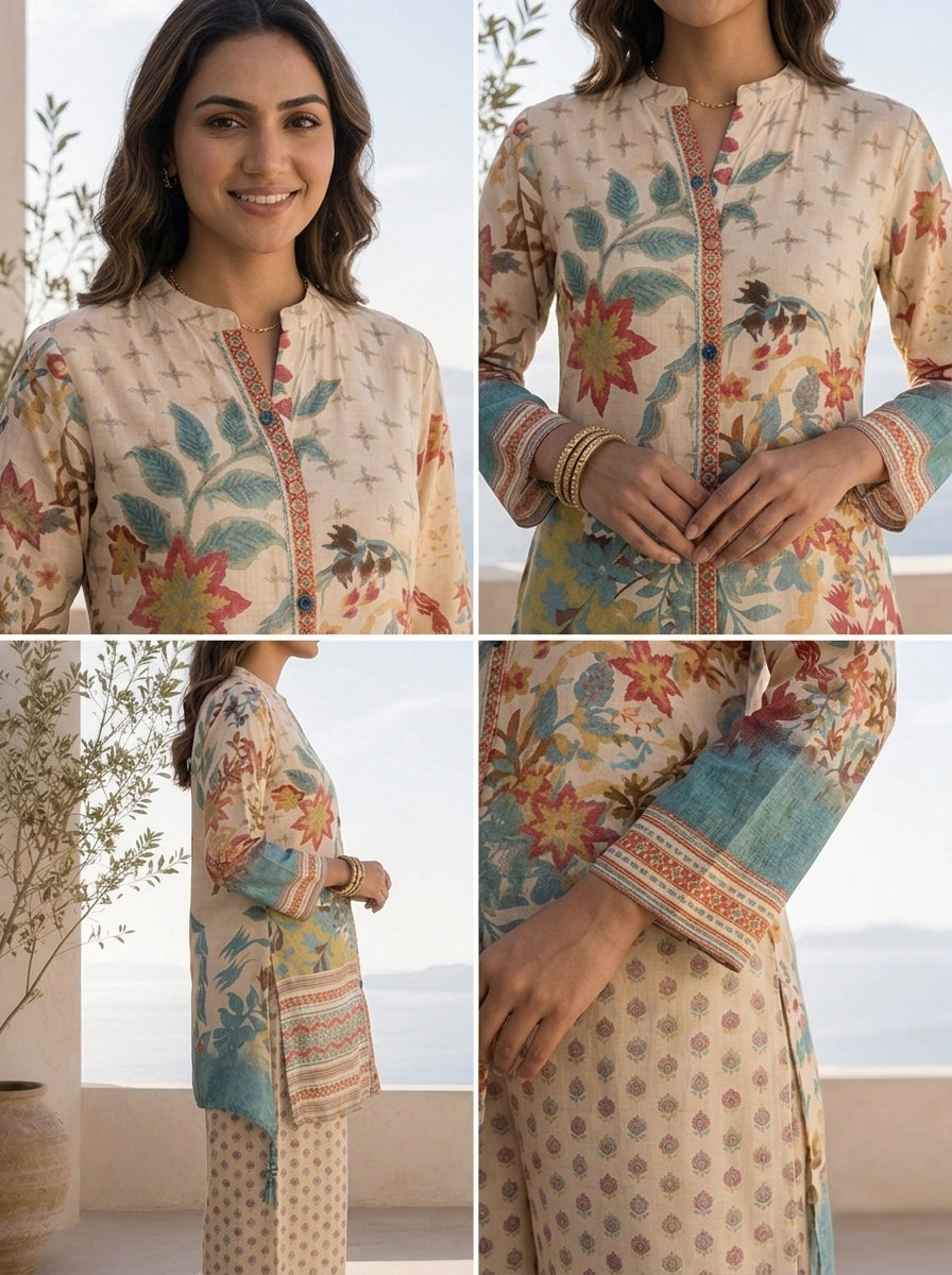 Cream Muslin Heavy Floral Printed Two Piece Set