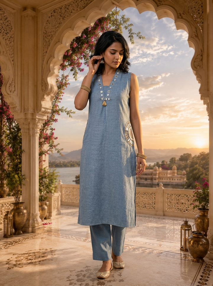 Blue Cotton Mirror Embroidery Two Piece Set