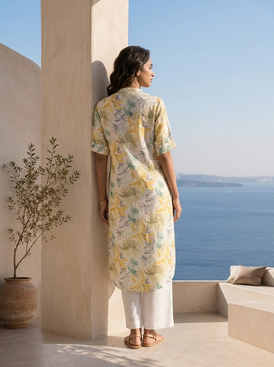 Lemon And White Linen Fabric Printed Kurta