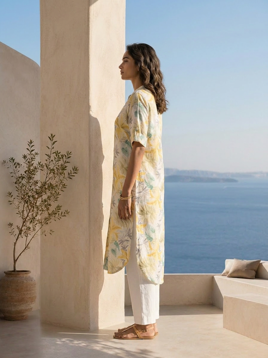 Lemon And White Linen Fabric Printed Kurta