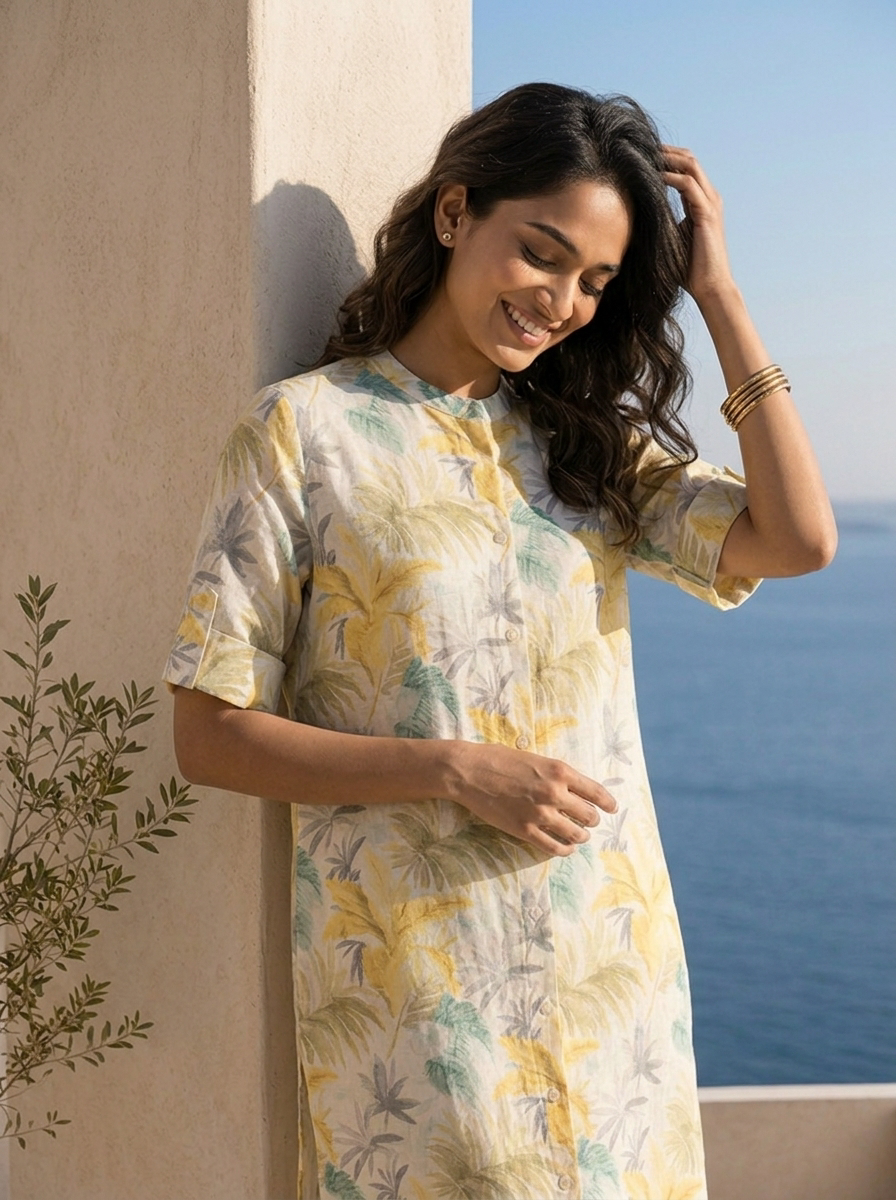Lemon And White Linen Fabric Printed Kurta