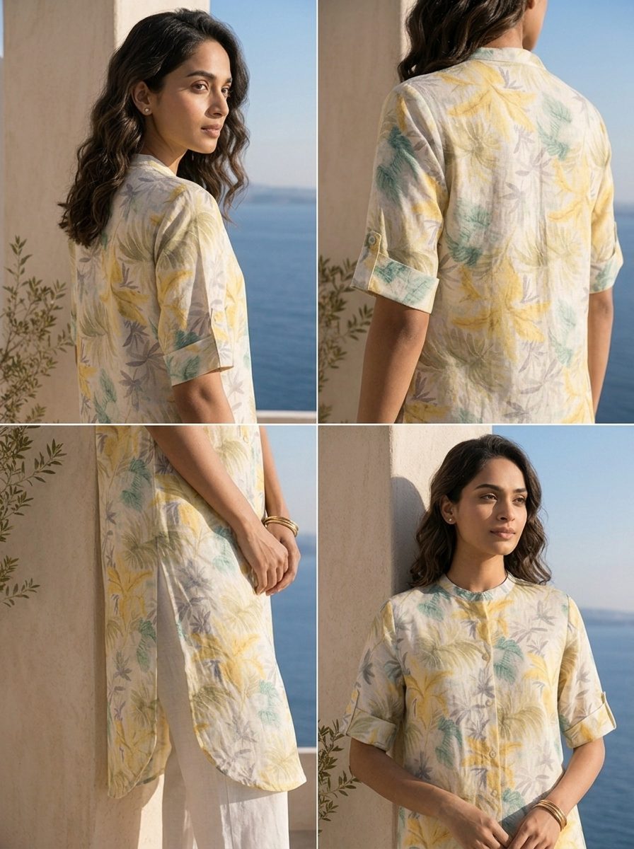 Lemon And White Linen Fabric Printed Kurta
