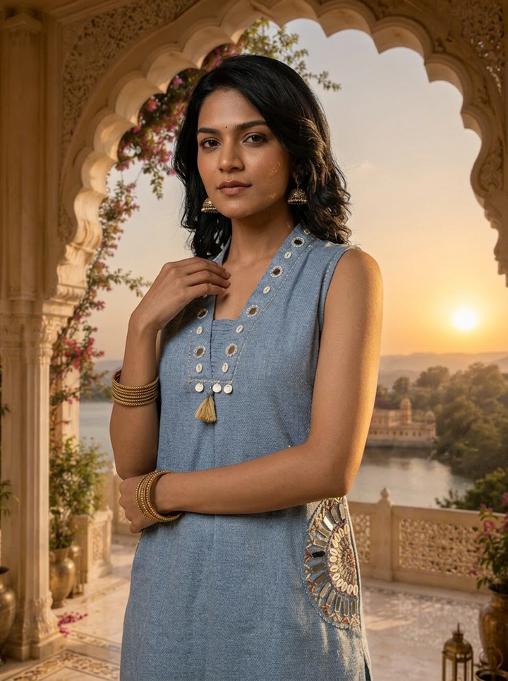 Blue Cotton Mirror Embroidery Two Piece Set