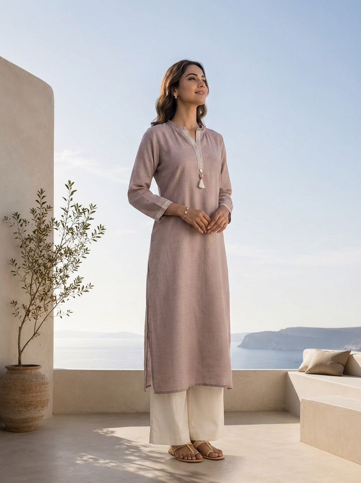 Light Grey Linen Solid Design And Patch Embroidered Kurta