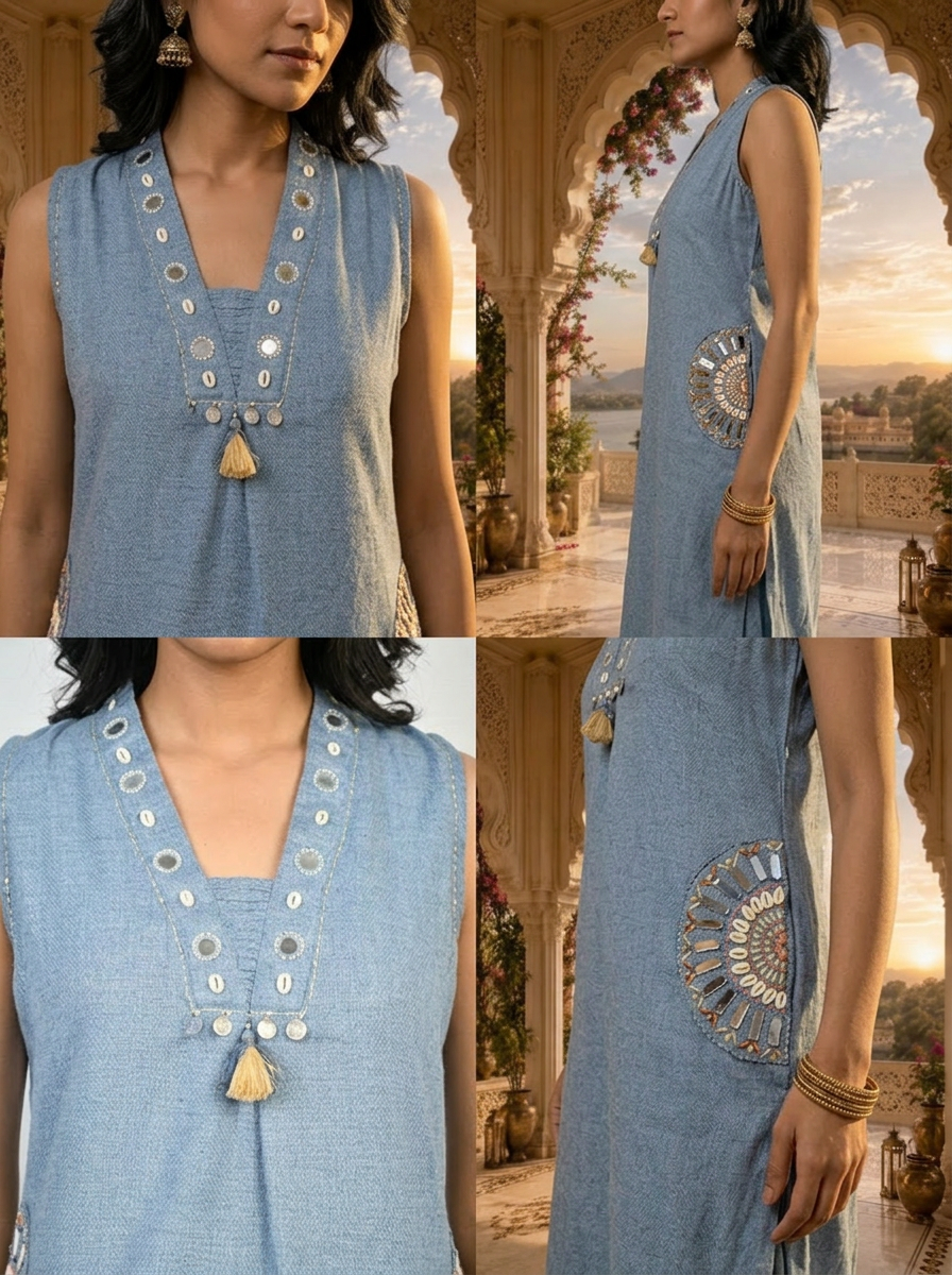 Blue Cotton Mirror Embroidery Two Piece Set
