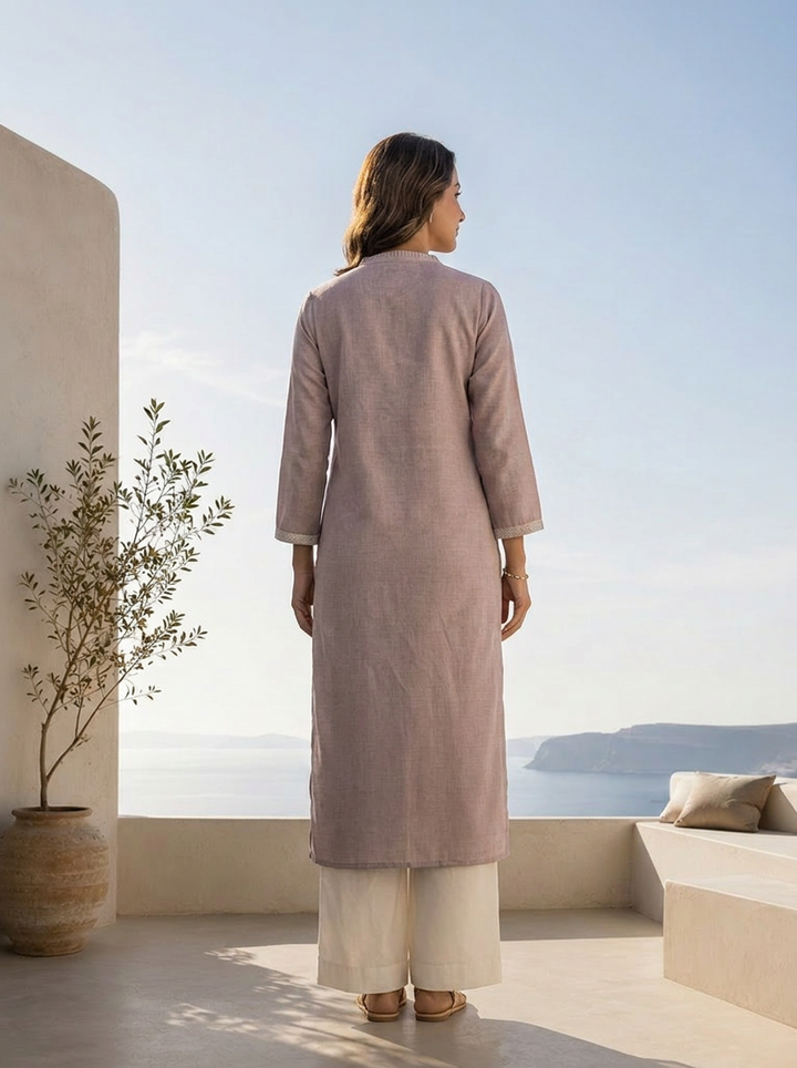 Light Grey Linen Solid Design And Patch Embroidered Kurta