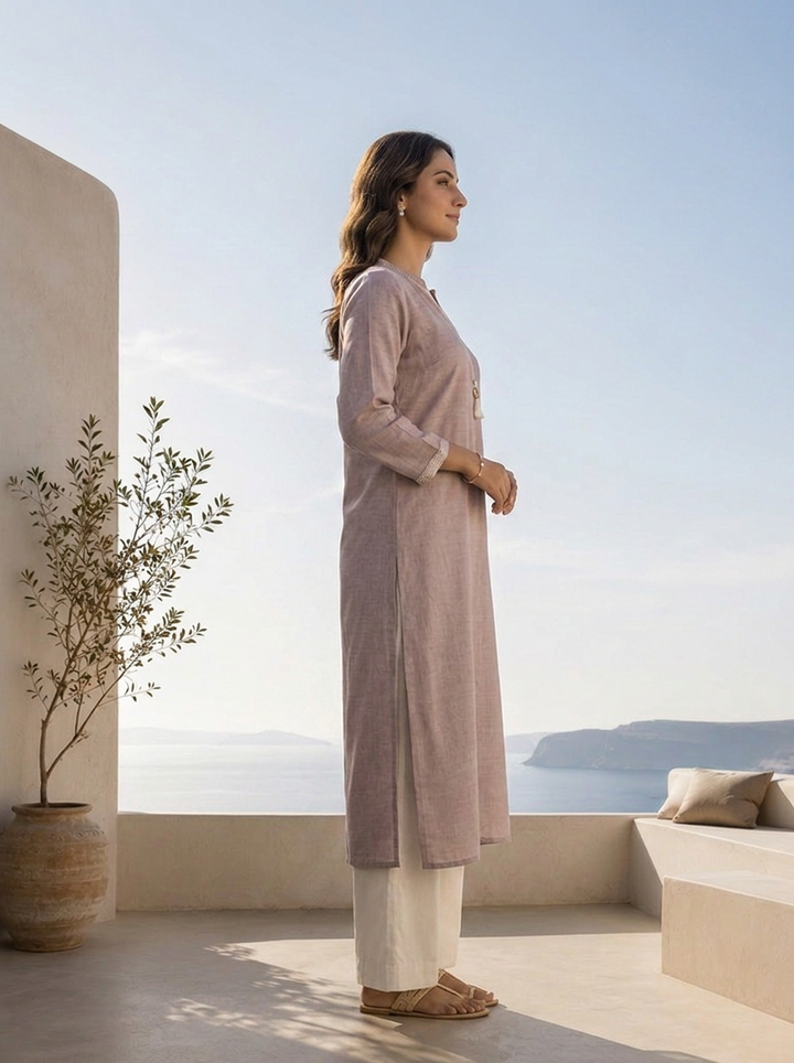 Light Grey Linen Solid Design And Patch Embroidered Kurta