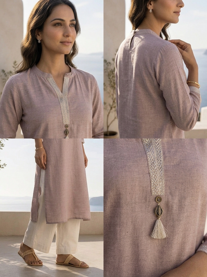 Light Grey Linen Solid Design And Patch Embroidered Kurta