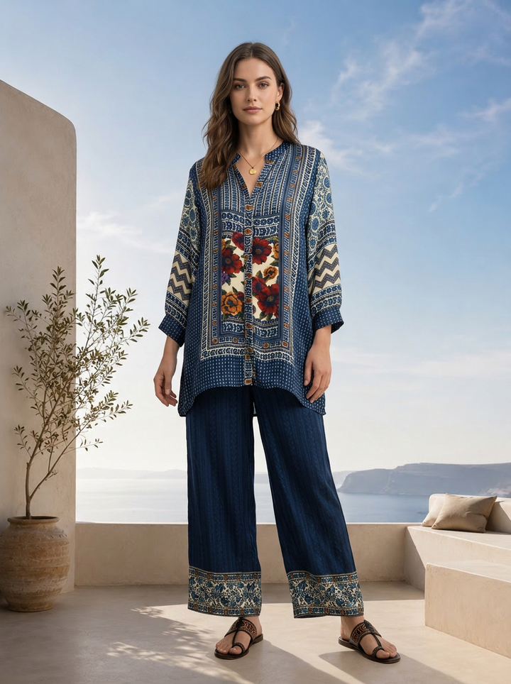 Indigo Blue And Cream Floral Printed Crepe Two Piece Set
