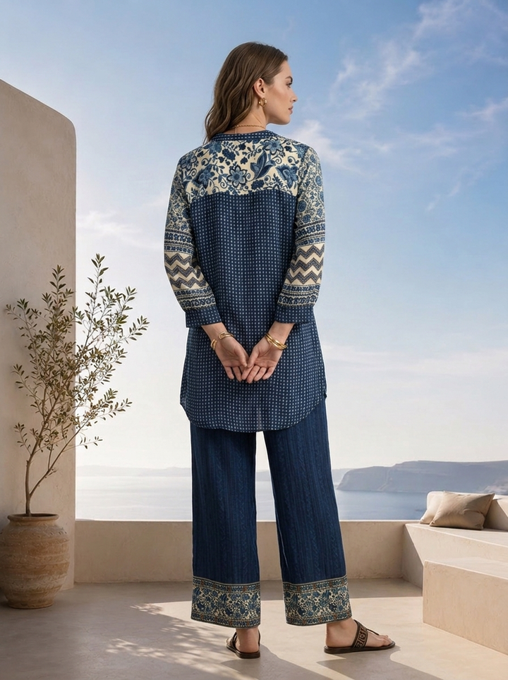 Indigo Blue And Cream Floral Printed Crepe Two Piece Set