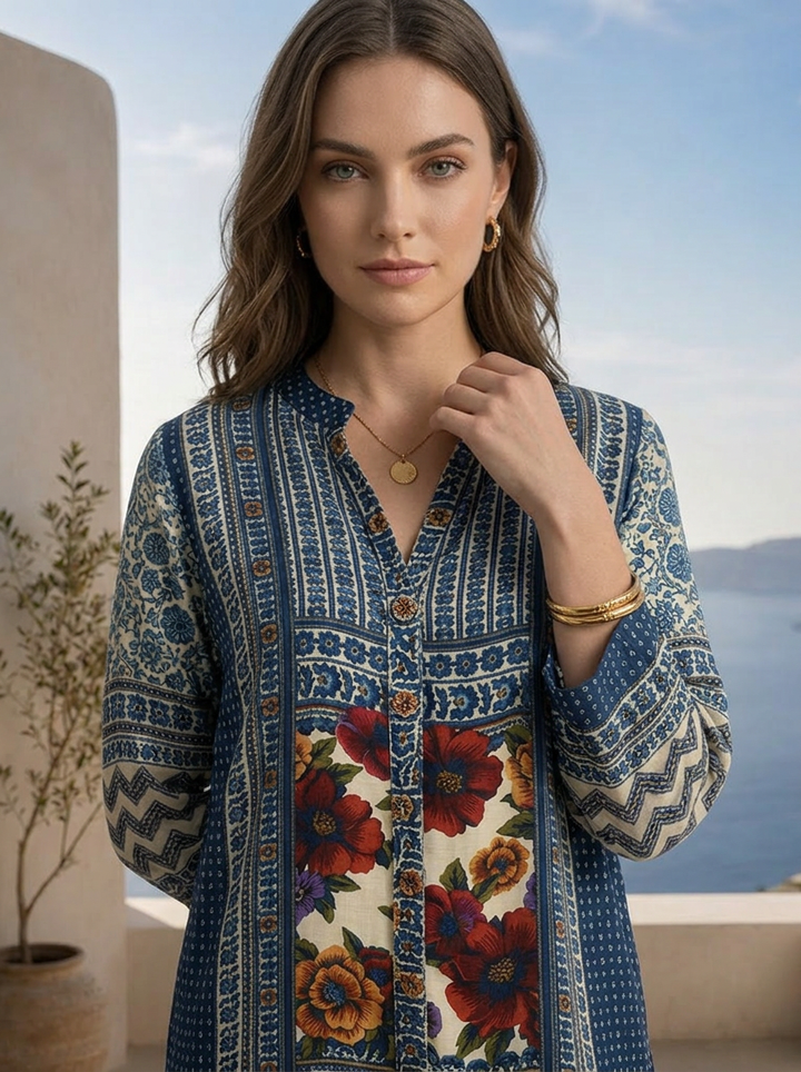 Indigo Blue And Cream Floral Printed Crepe Two Piece Set