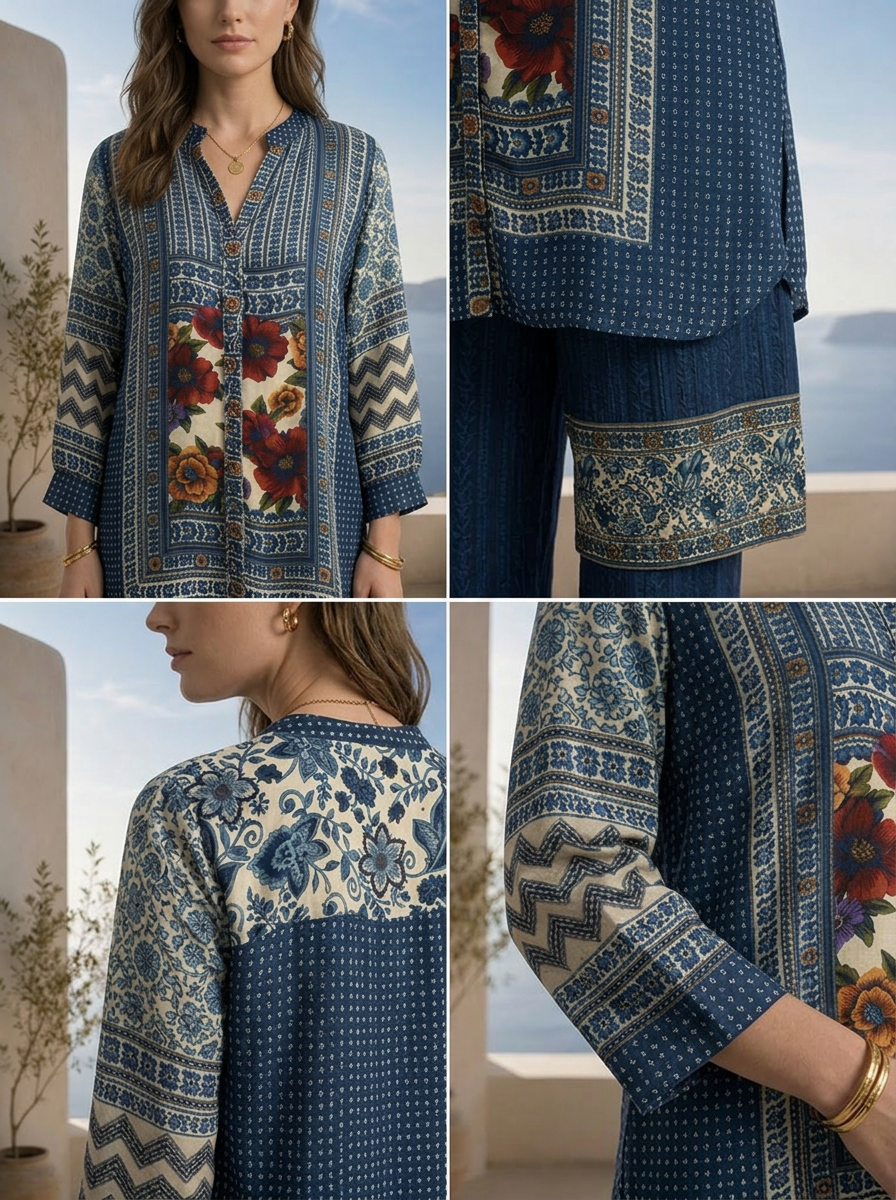 Indigo Blue And Cream Floral Printed Crepe Two Piece Set