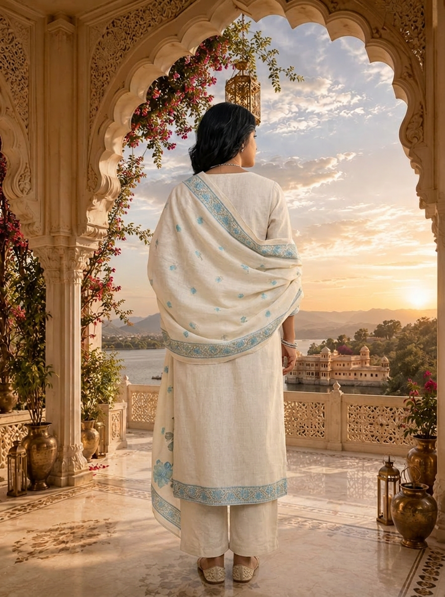 Blue Linen Floral Printed Three Piece Set