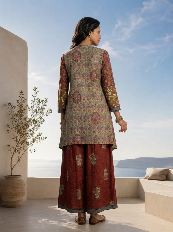 Brown And Olive Floral Printed Crepe Two Piece Set