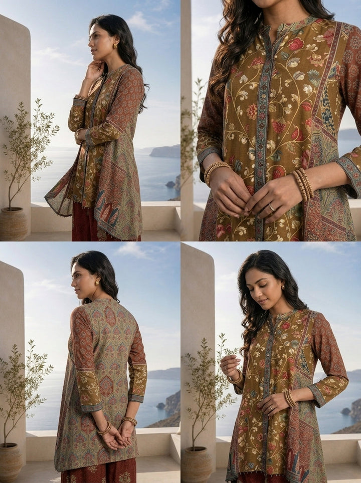 Brown And Olive Floral Printed Crepe Two Piece Set