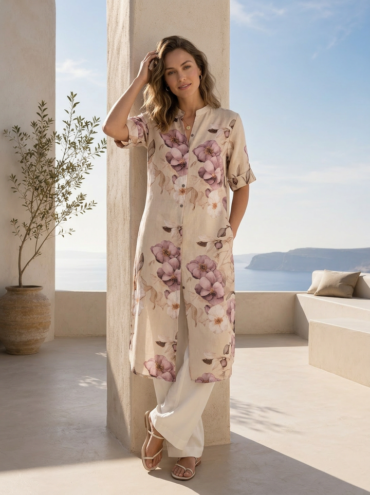 Beige Floral Printed Linen Kurta