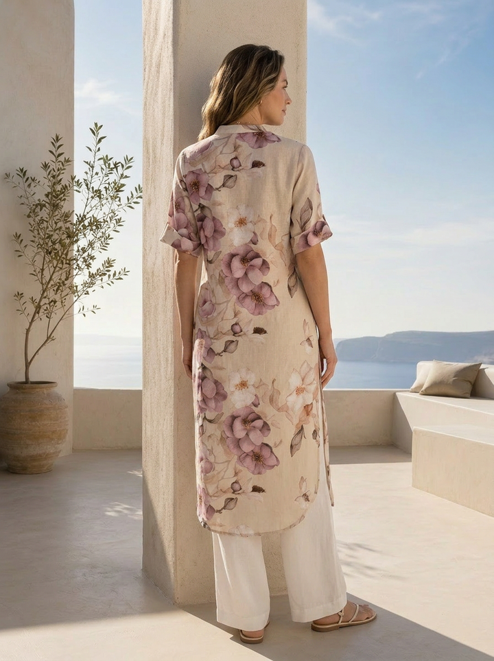 Beige Floral Printed Linen Kurta