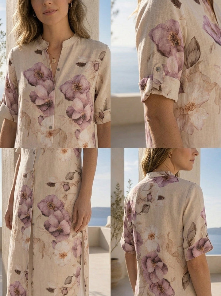 Beige Floral Printed Linen Kurta