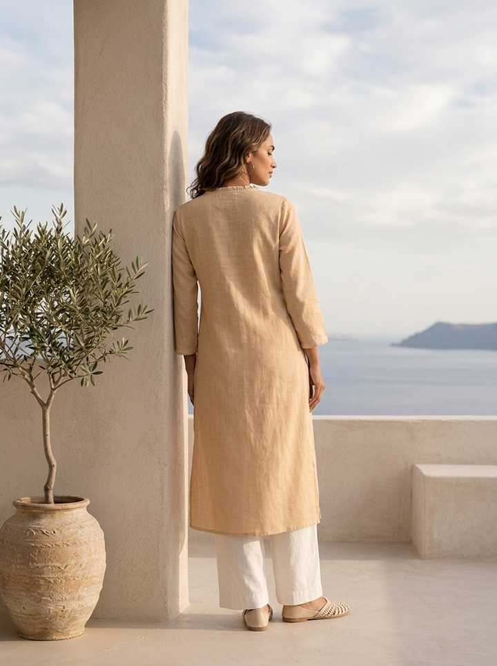 Peach Linen Solid Design And Patch Embroidered Kurta