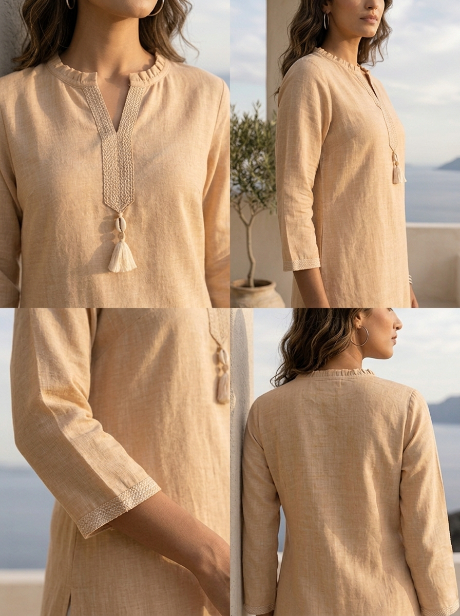 Peach Linen Solid Design And Patch Embroidered Kurta