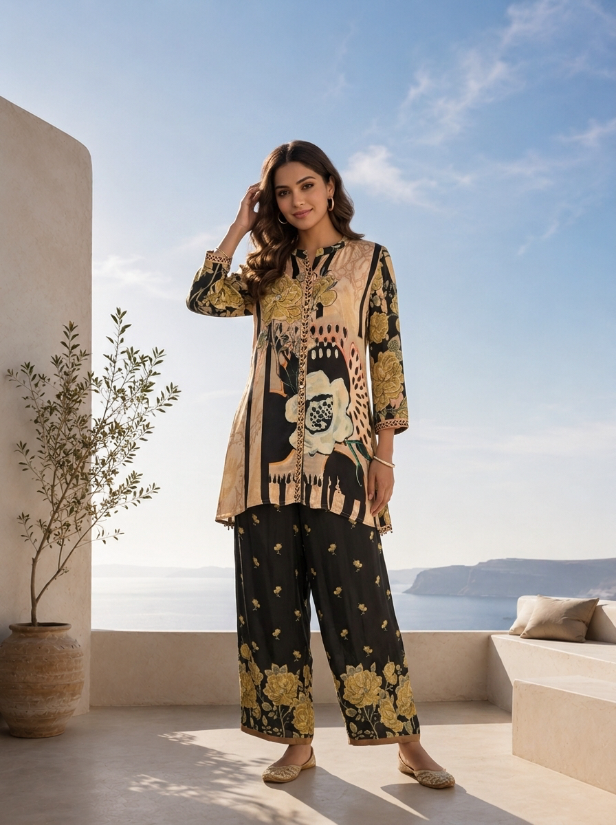Black And Beige Heavy Floral Printed Two Piece Set