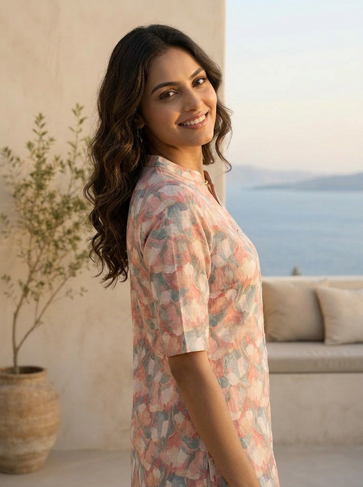 Multi Heavy Floral Printed Linen Kurta