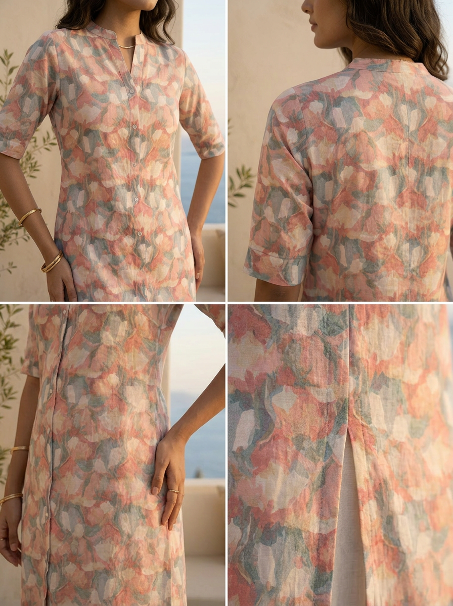Multi Heavy Floral Printed Linen Kurta