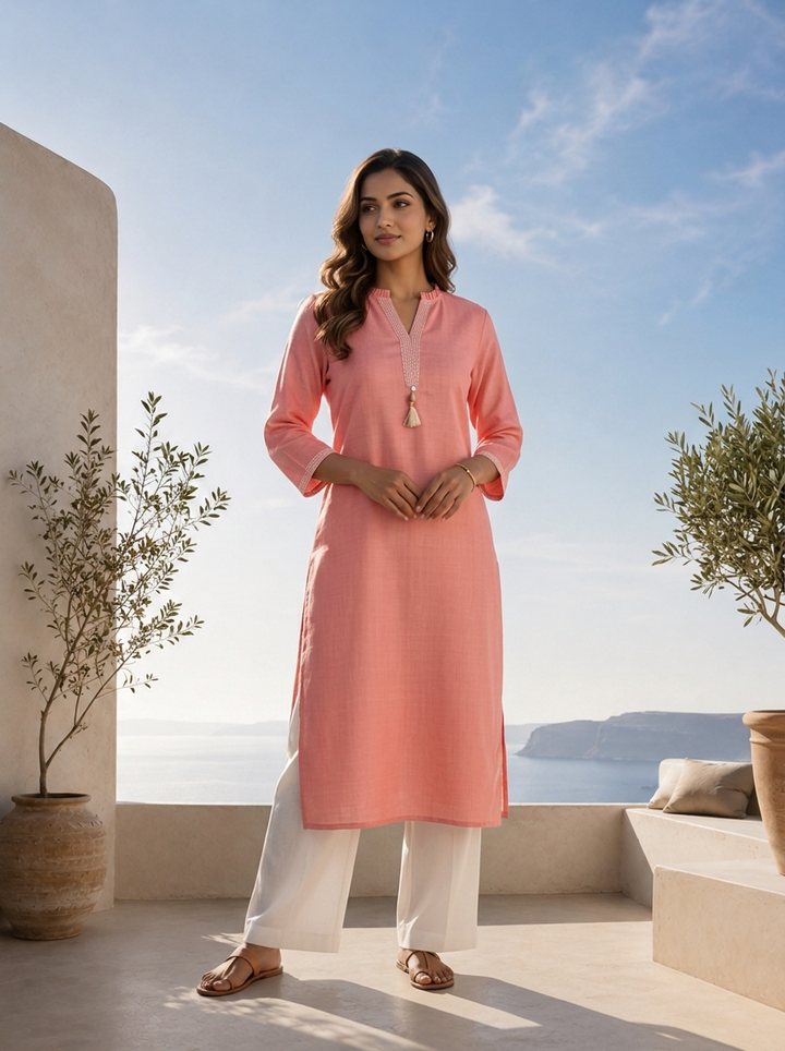 Baby Pink Linen Solid Design And Patch Embroidered Kurta