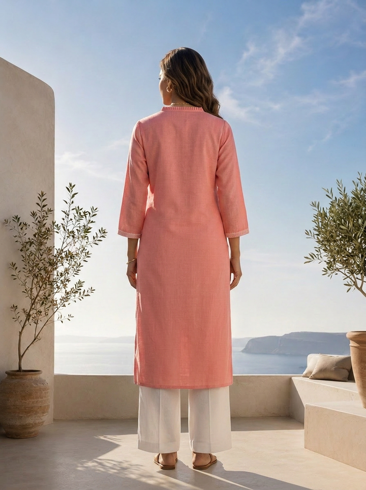 Baby Pink Linen Solid Design And Patch Embroidered Kurta