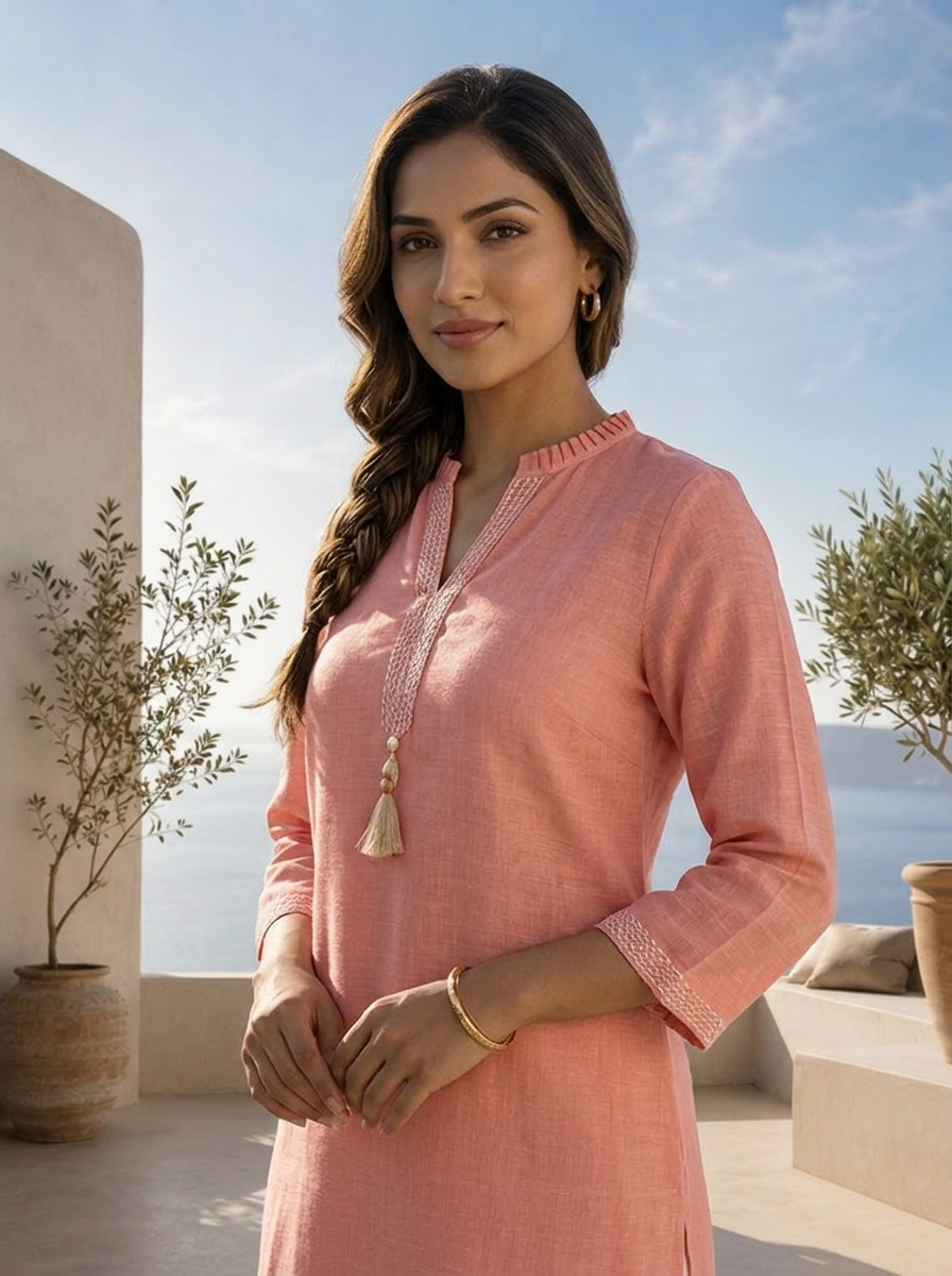 Baby Pink Linen Solid Design And Patch Embroidered Kurta