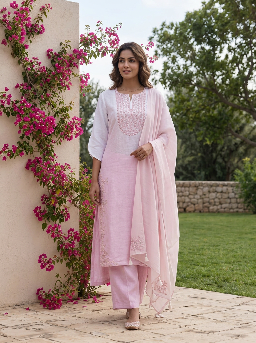 Baby Pink Beads Embroidered Linen Three Piece Set