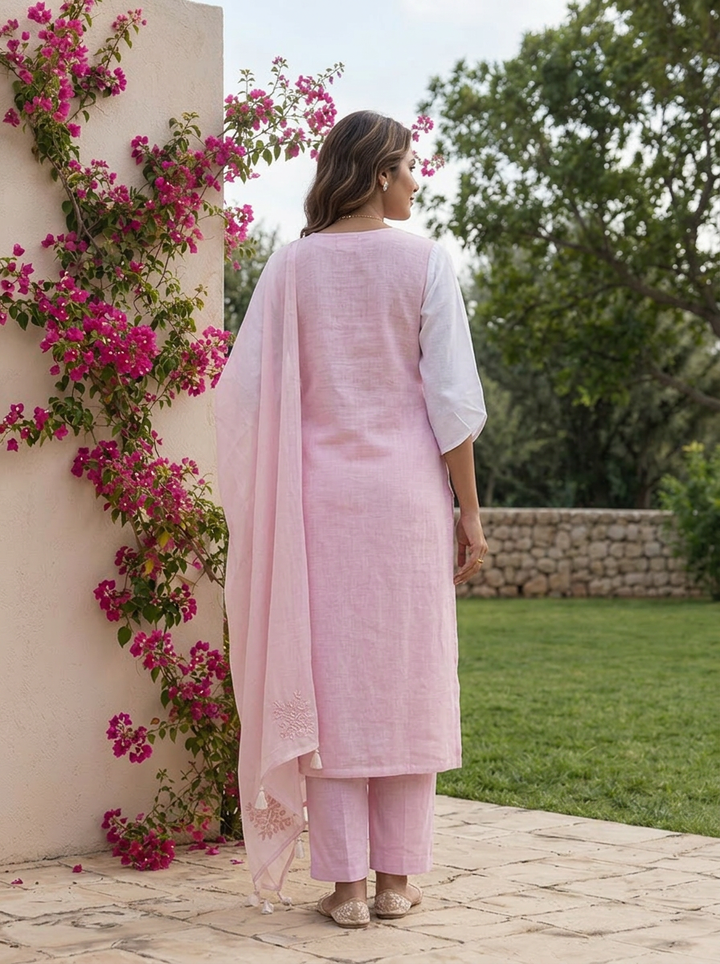 Baby Pink Beads Embroidered Linen Three Piece Set