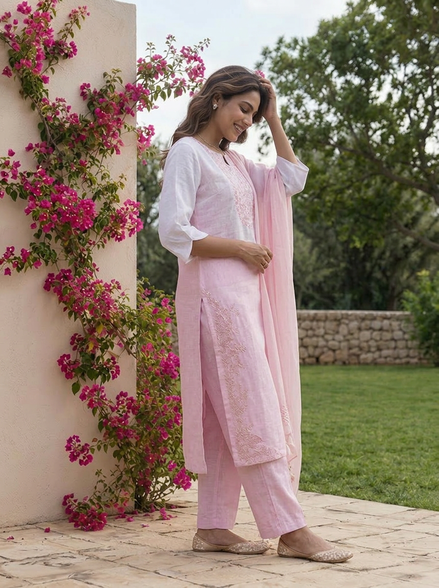 Baby Pink Beads Embroidered Linen Three Piece Set