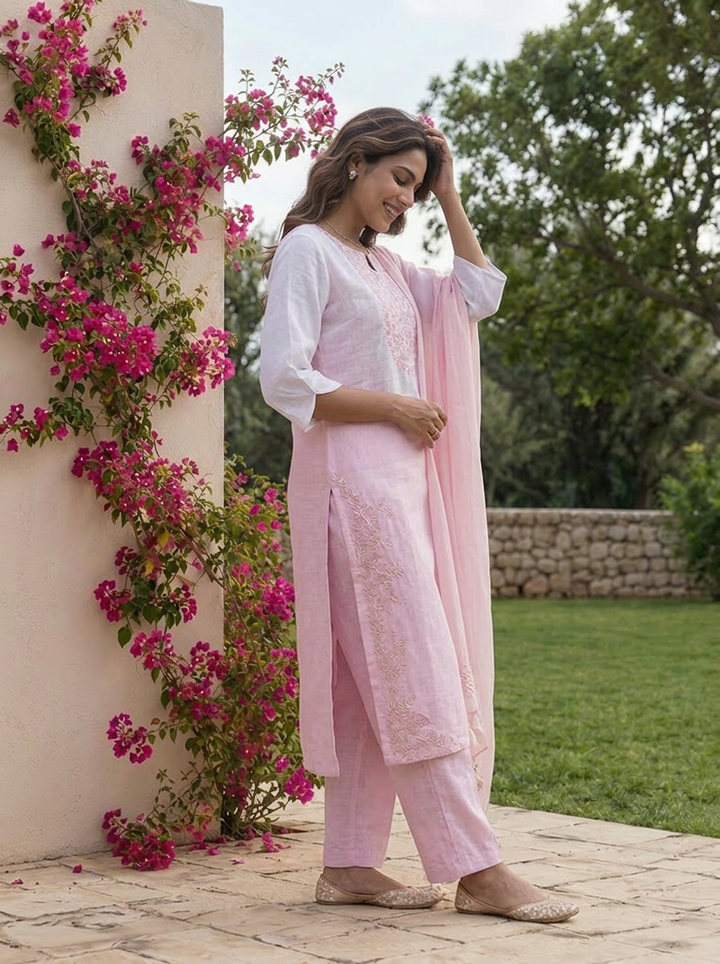 Baby Pink Beads Embroidered Linen Three Piece Set