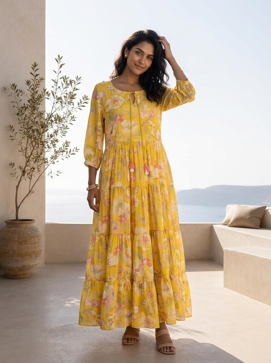 Yellow Muslin Fabric Printed And Pleated Design Long Dress