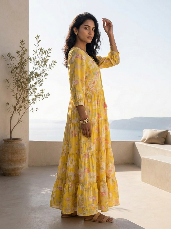 Yellow Muslin Fabric Printed And Pleated Design Long Dress