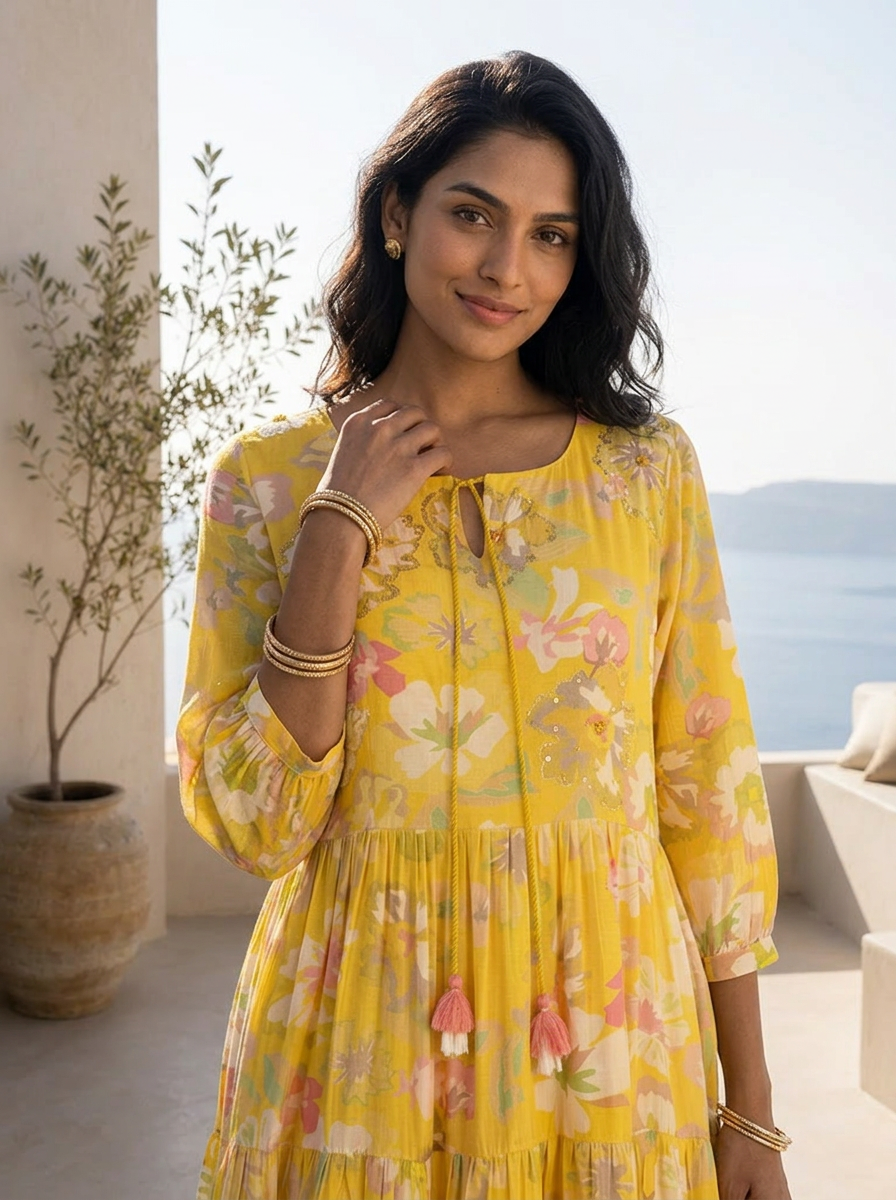 Yellow Muslin Fabric Printed And Pleated Design Long Dress