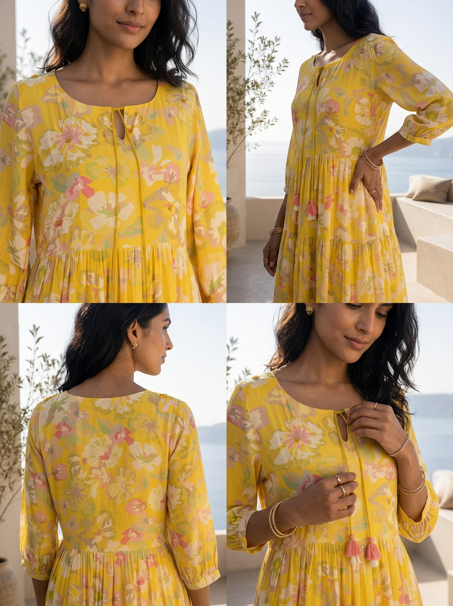 Yellow Muslin Fabric Printed And Pleated Design Long Dress