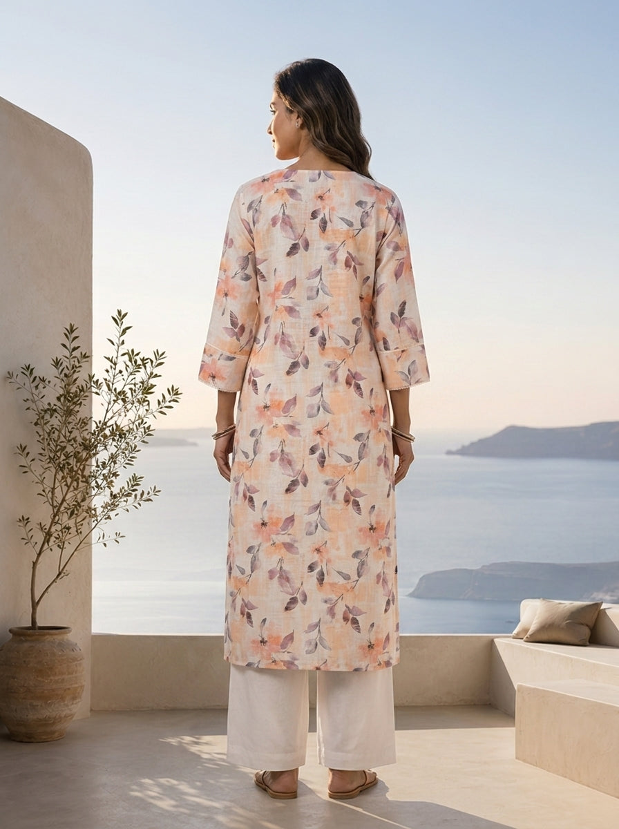 Peach And Cream Heavy Floral Printed Linen Kurta