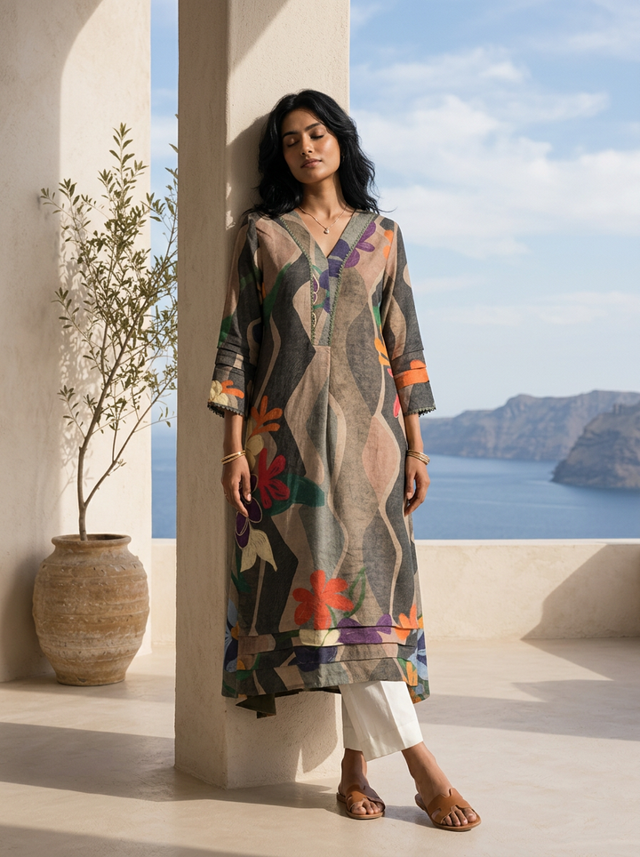 Multi Abstract And Floral Printed Rayon Kurta
