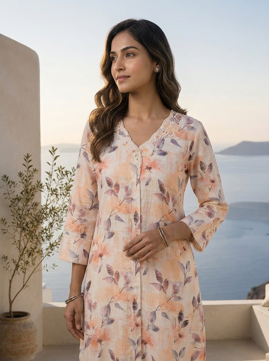 Peach And Cream Heavy Floral Printed Linen Kurta